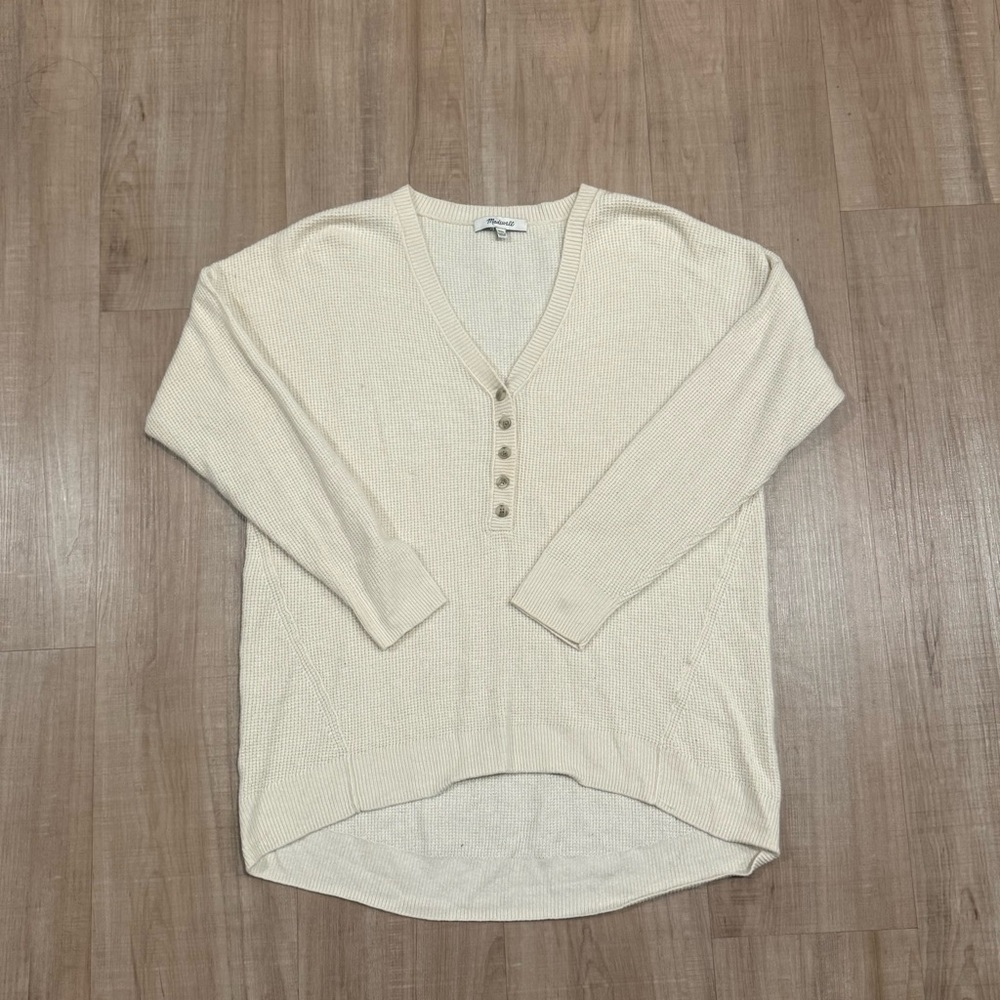 Madewell Cream Waffle Knit Henley Long Sleeve Oversized Boxy Sweater